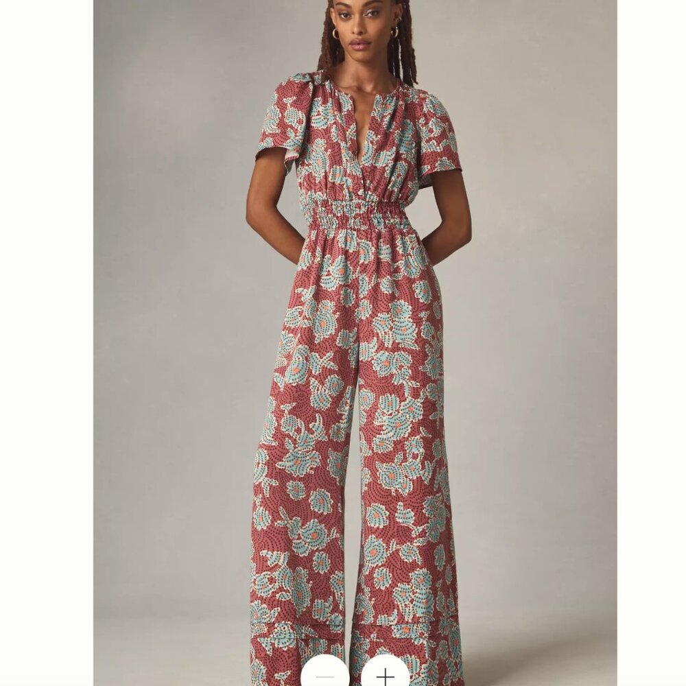 Anthropologie The Somerset Wide-Leg Jumpsuit Sz Medium Wine & Blue